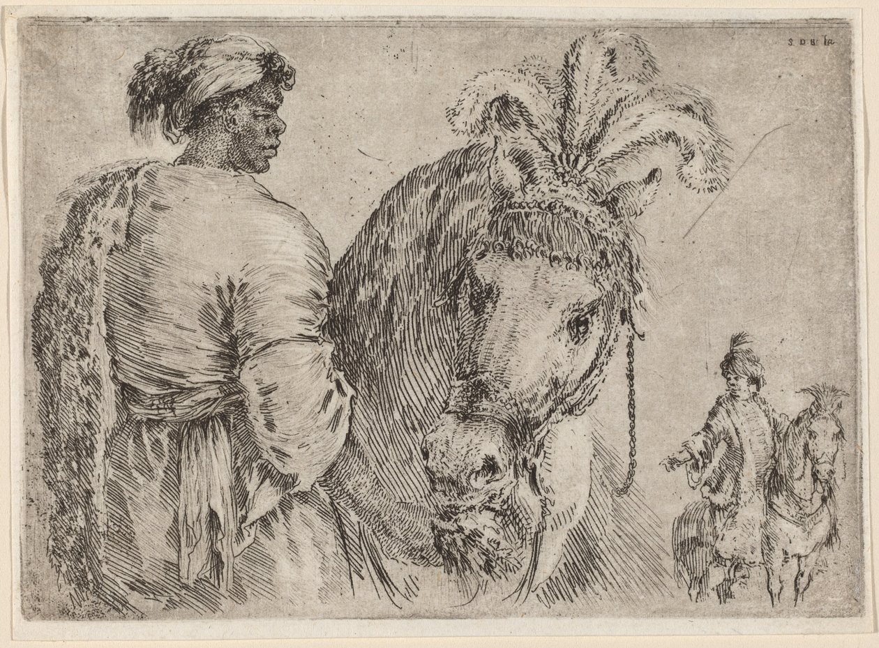 Musta mies ruokkimassa hevosta, luultavasti 1662. tekijältä Stefano della Bella
