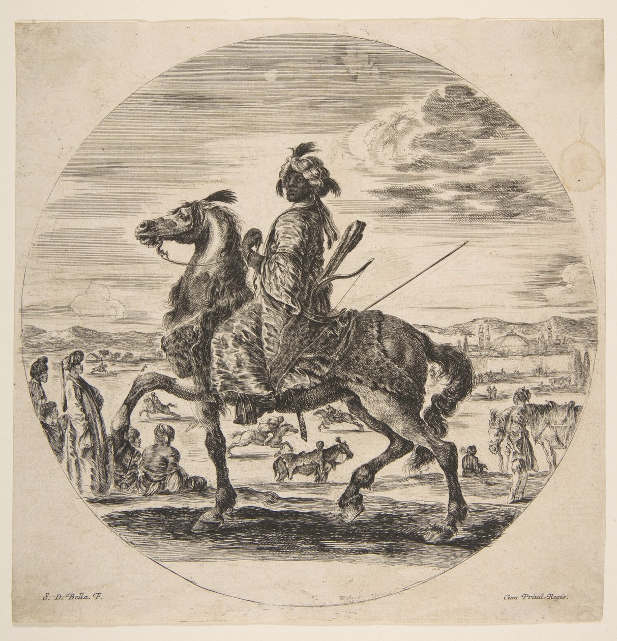 Maurilainen ratsumies kasvot vasemmalle, seisomassa ja istumassa turkkilaisia keskialueella,..., n. 1651. tekijältä Stefano della Bella