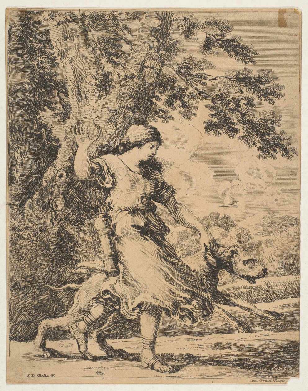 Nymfi pitelee suurta koiraa kaulapantasta, n. 1654. tekijältä Stefano della Bella