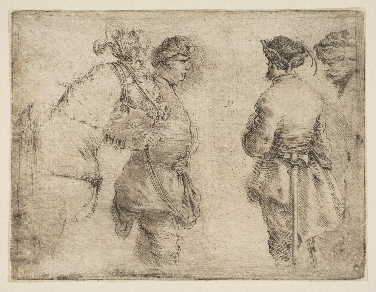 Napa, joka johtaa hevosta suitsista ja puhuu kahden muun miehen kanssa, n. 1662. tekijältä Stefano della Bella