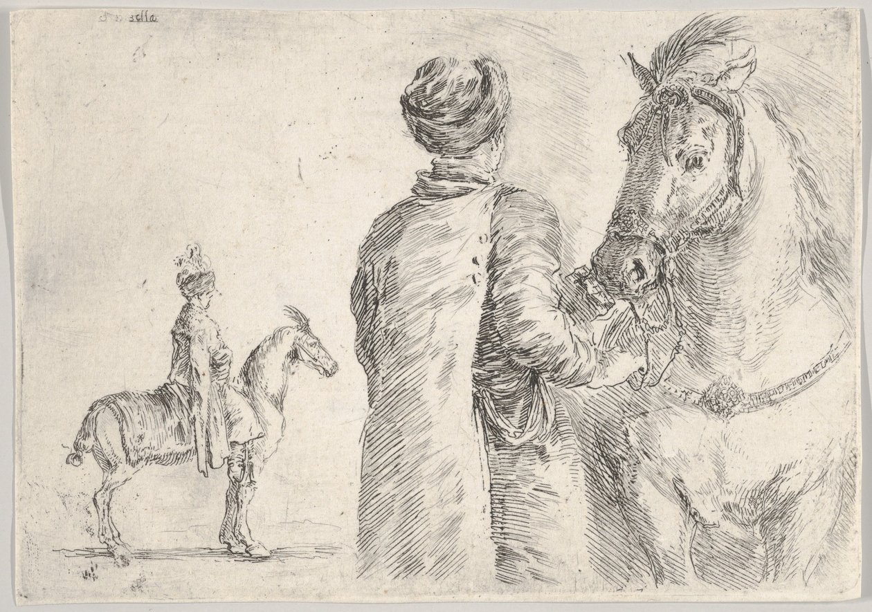 Puolalainen palvelija, takaa katsottuna, pitelee hevosen suitset oikealla, puolalainen hor..., n. 1662. tekijältä Stefano della Bella