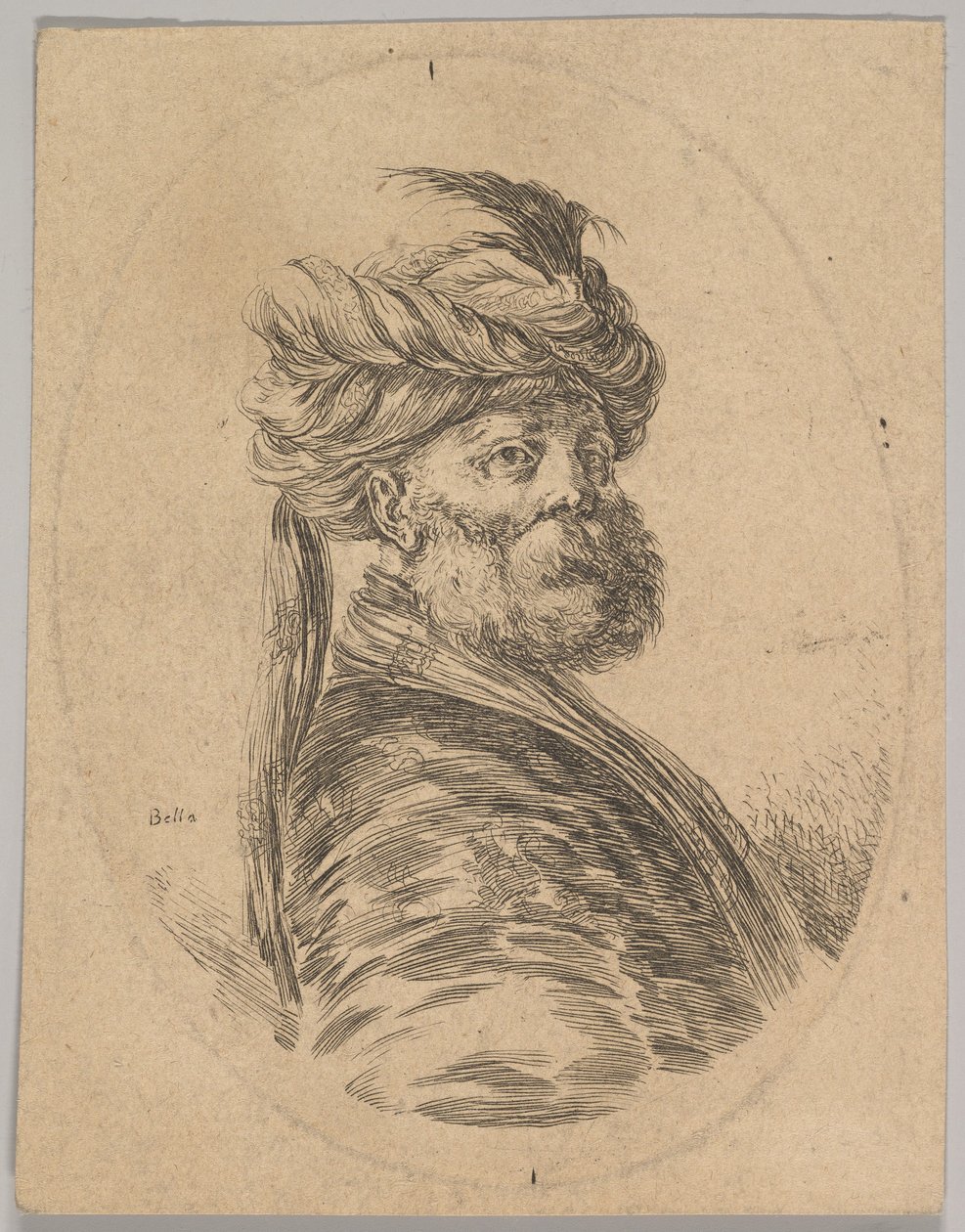 Turkkilainen mies, jolla on parta ja turbaani, yksi pitkä höyhen edessä, täytti kolme neljäsosaa..., 1650. tekijältä Stefano della Bella
