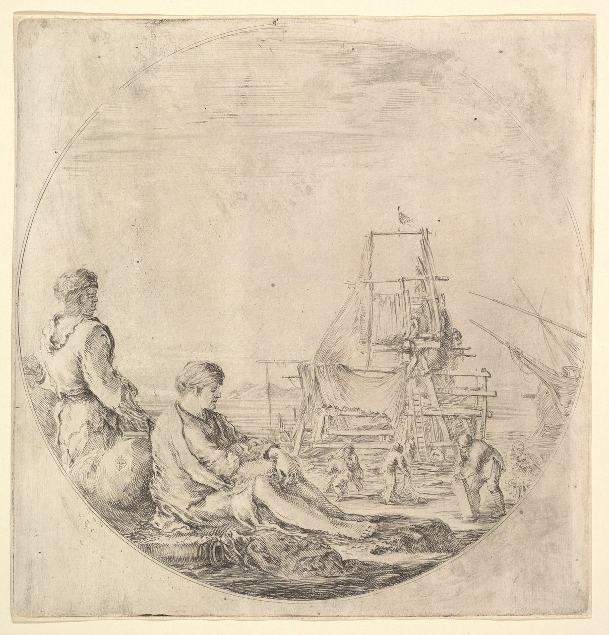 Musta merimies seisoo vasemmalla, profiilissa oikealla, valkoinen merimies istuu ..., n. 1658-63. tekijältä Stefano della Bella