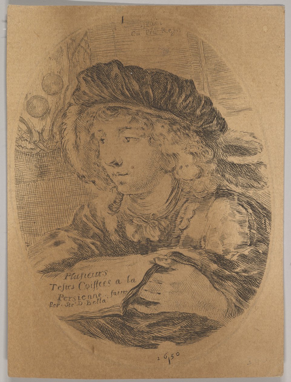 Kolme neljäsosaa vasemmalle käännetty nuoren miehen rintakuva, jossa oli höyhenhattu, ..., 1650. tekijältä Stefano della Bella