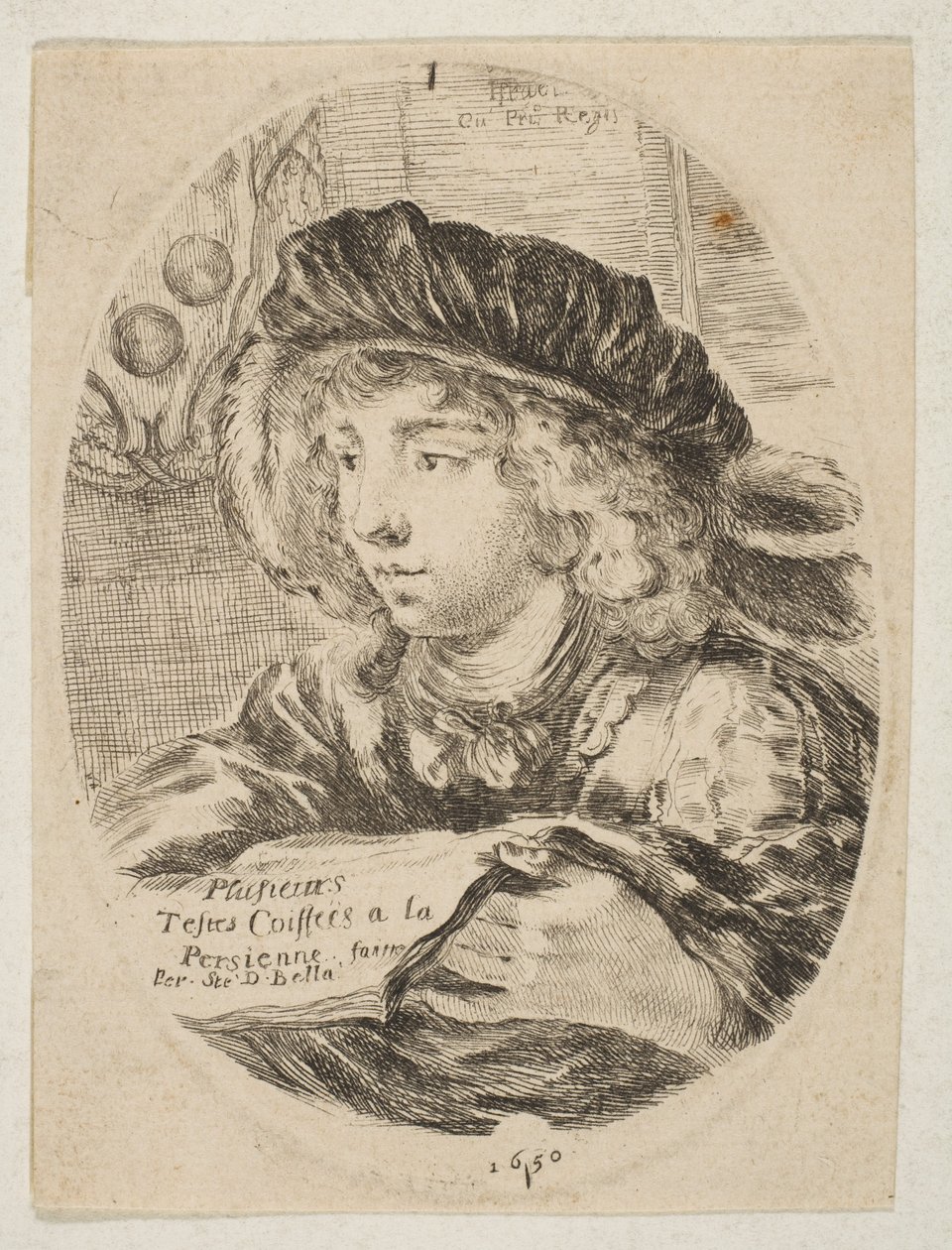 Kolme neljäsosaa vasemmalle käännetty nuoren miehen rintakuva, jossa oli höyhenhattu, ..., 1650. tekijältä Stefano della Bella