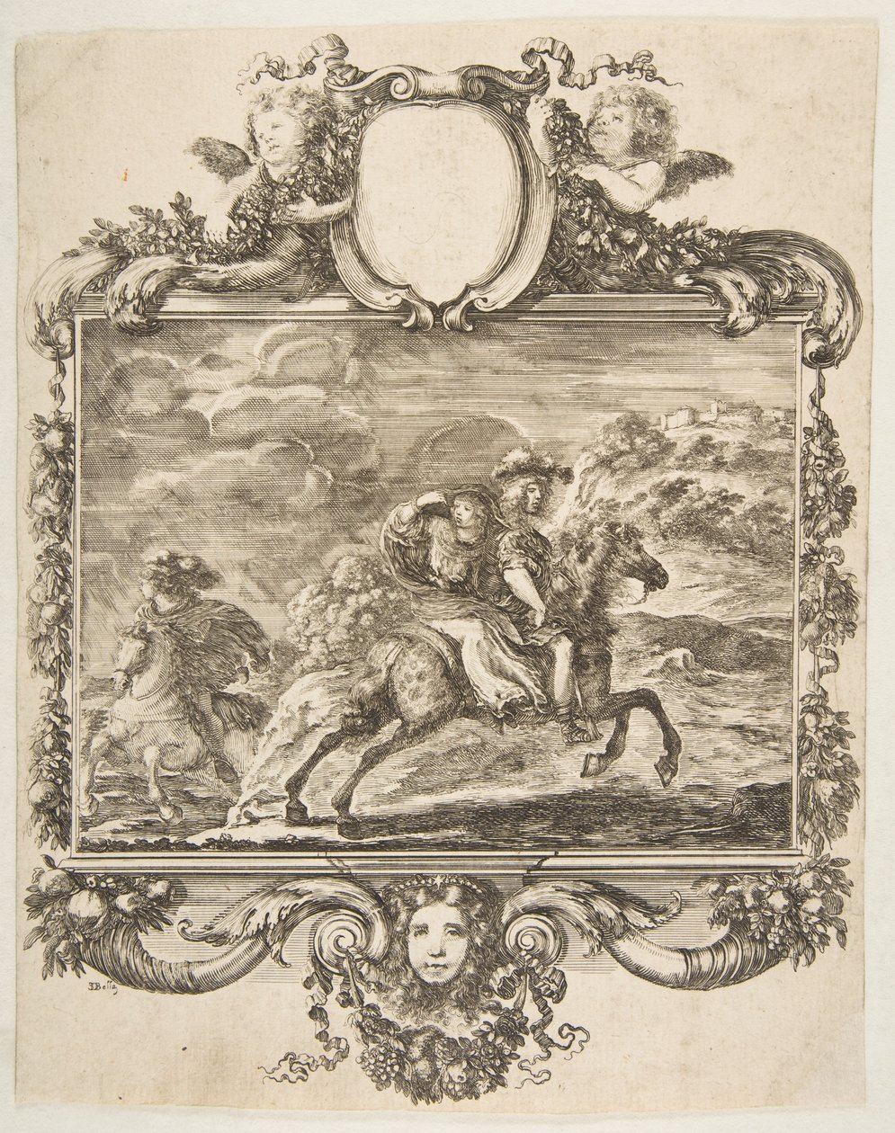 Kavalieri ja nainen hevosen selässä, koristeellisella reunuksella, joka on koristeltu hedelmillä ja..., n. 1655. tekijältä Stefano della Bella