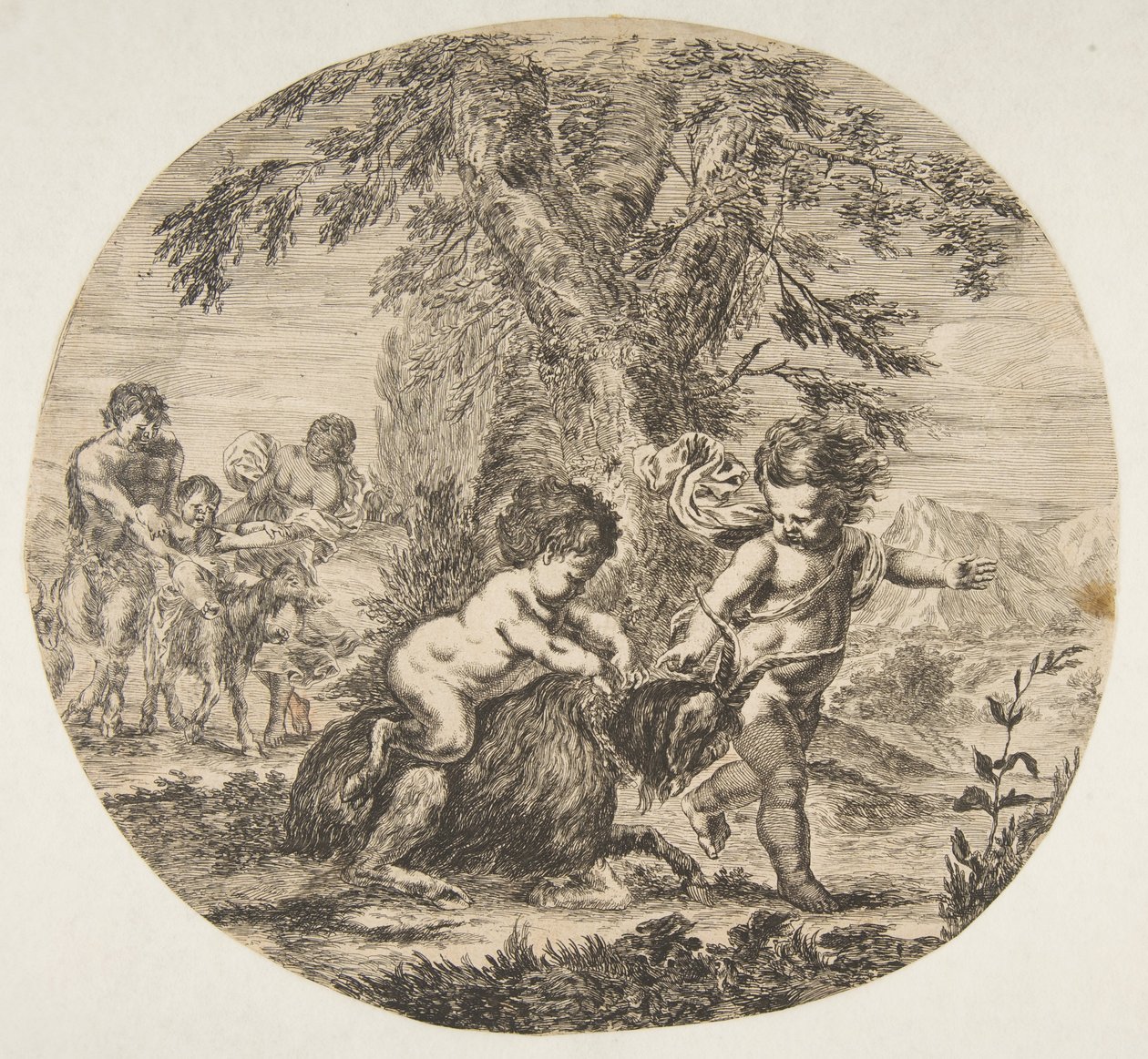 Lapsi ja satyyrilapsi leikkivät vuohen kanssa, n. 1657. tekijältä Stefano della Bella