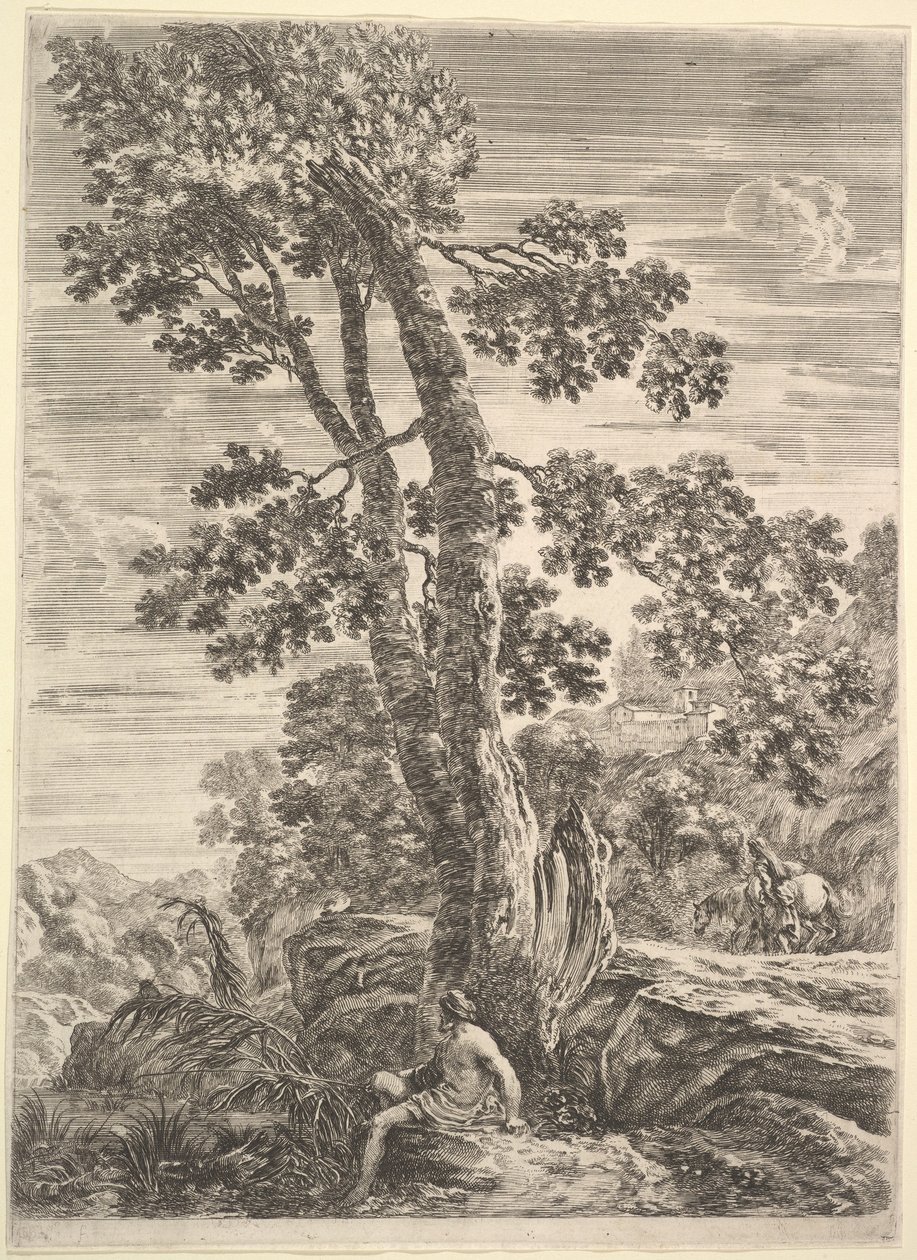 Kalastaja keskellä vasemmalle päin ja nojaten suureen puuhun, nainen kävelee..., n. 1652-57. tekijältä Stefano della Bella
