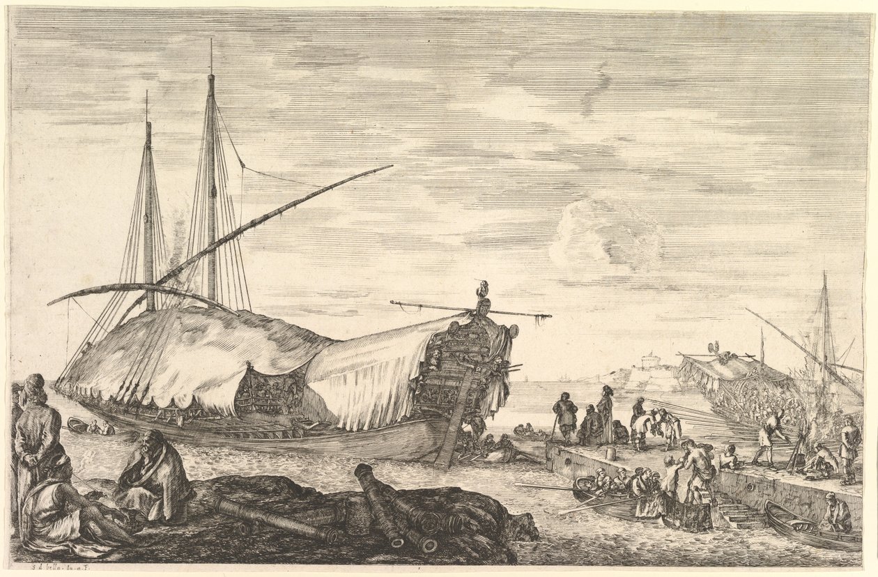 Purjeilla peitetty keittiölaiva, teoksesta ”Näkymiä Livornon satamasta” (Vues du port de Livourne) tekijältä Stefano della Bella