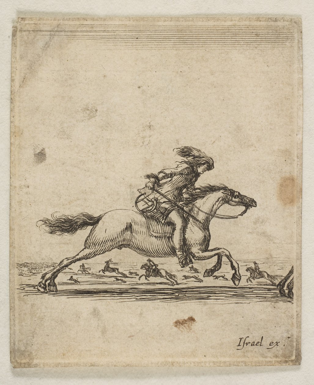 Ratsumies miekka kädessään laukkaa oikealle, muut ratsumiehet laukkaamassa..., n. 1645-46. tekijältä Stefano della Bella