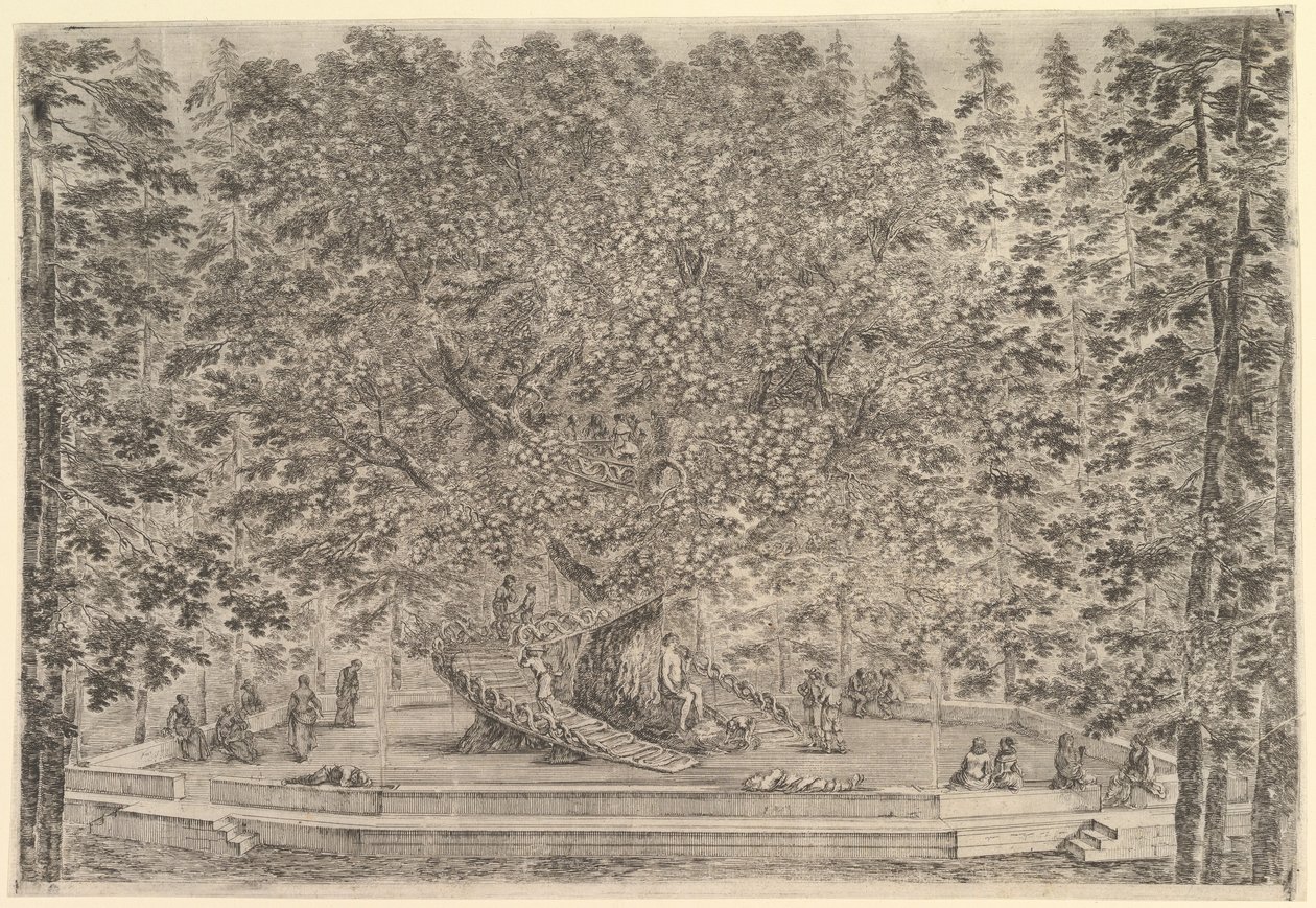 Keskellä suuri asuttu puu, jonka rungon ympäri kulkee rampit, kiven alla..., n. 1653. tekijältä Stefano della Bella