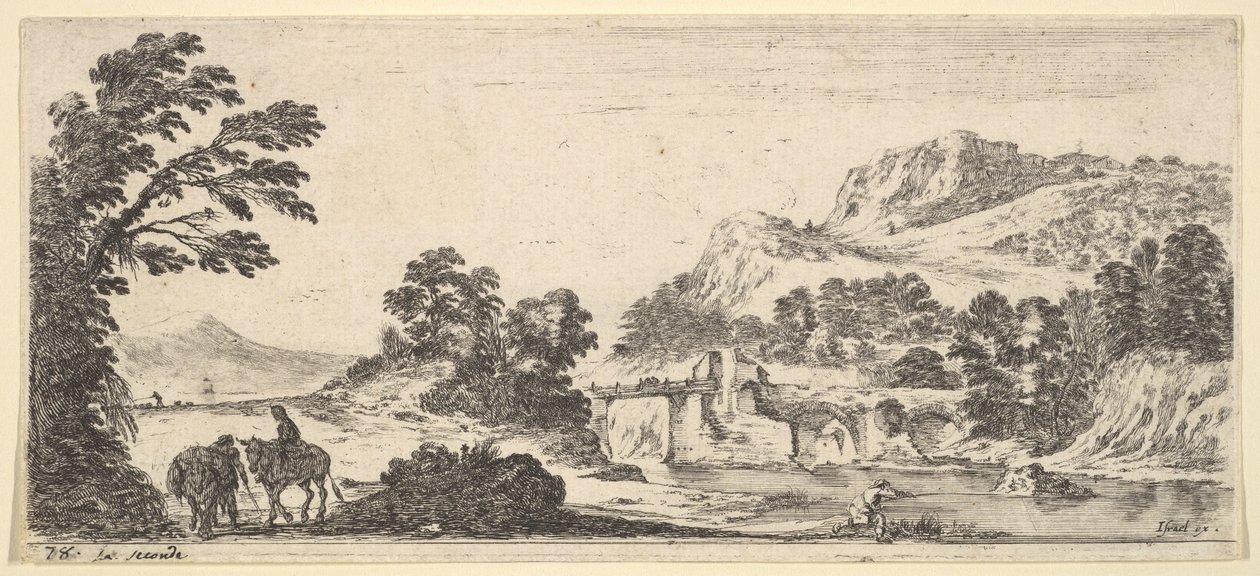 Naista kantava muuli ja talonpoika kävelemässä muulin kanssa vasemmalla, kalastaja oikealla..., n. 1641. tekijältä Stefano della Bella