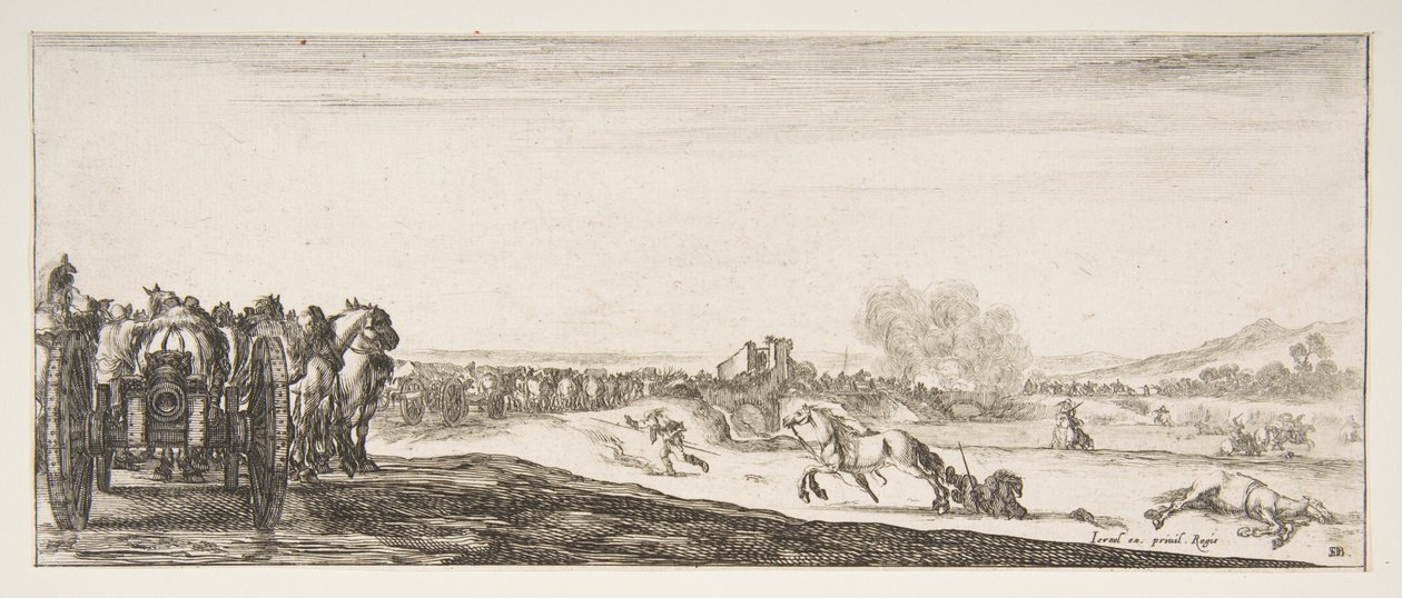 Vasemmalla hevosvaunujen kulkue, hevosmiehiä taistelussa ja kuollut ho..., n. 1641. tekijältä Stefano della Bella