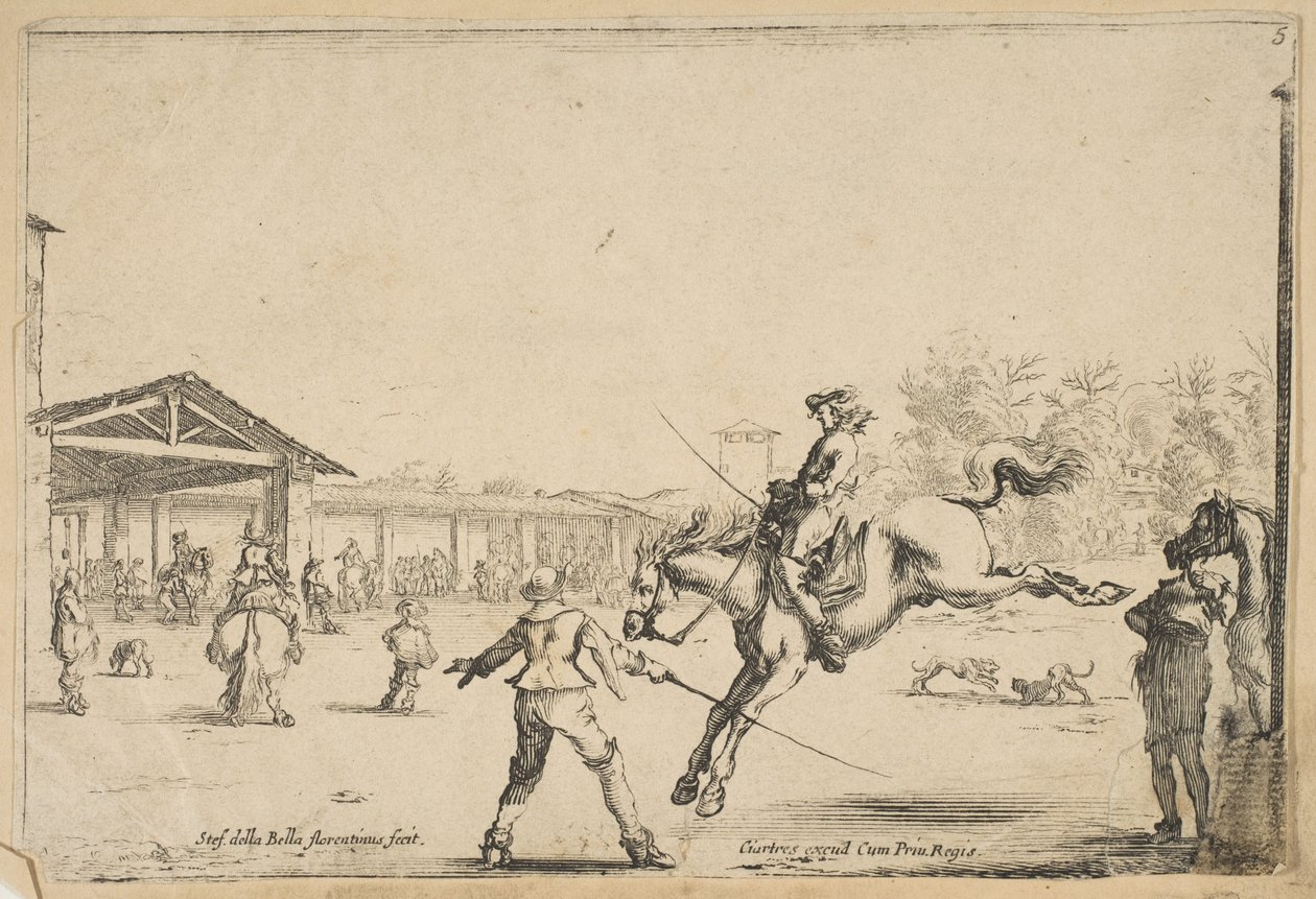 Ratsastuskoulu, hevosmies miekkahypyssä toisen miekkamiehen ohjaamana..., n. 1645. tekijältä Stefano della Bella