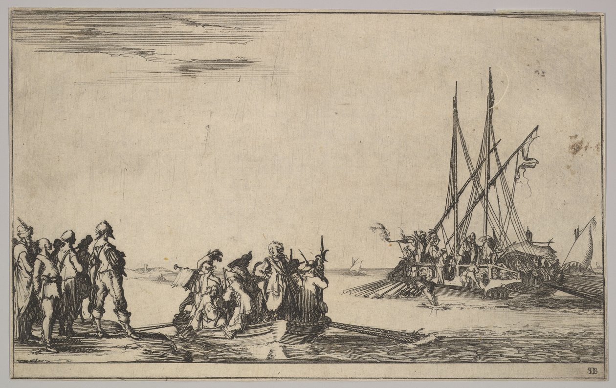 Soutuvene täynnä miehiä keskellä, ryhmä miehiä seisomassa rannalla vasemmalla, laiva täynnä..., 1639. tekijältä Stefano della Bella