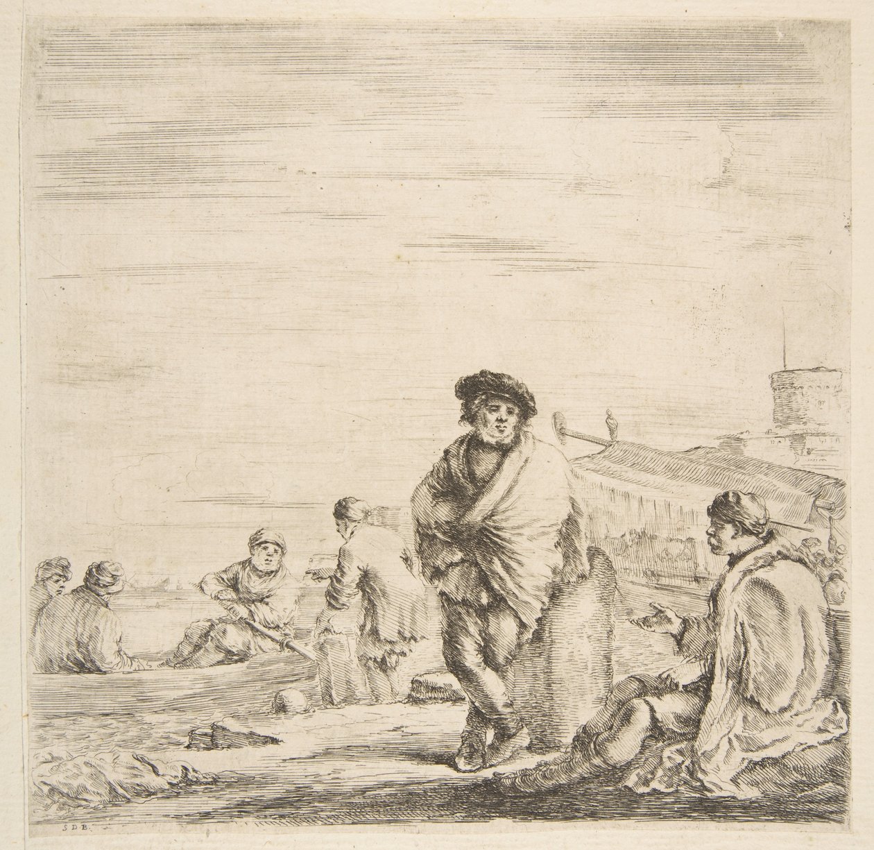 Seisova merimies puhumassa istuvan levantilaisen kanssa, n. 1660. tekijältä Stefano della Bella