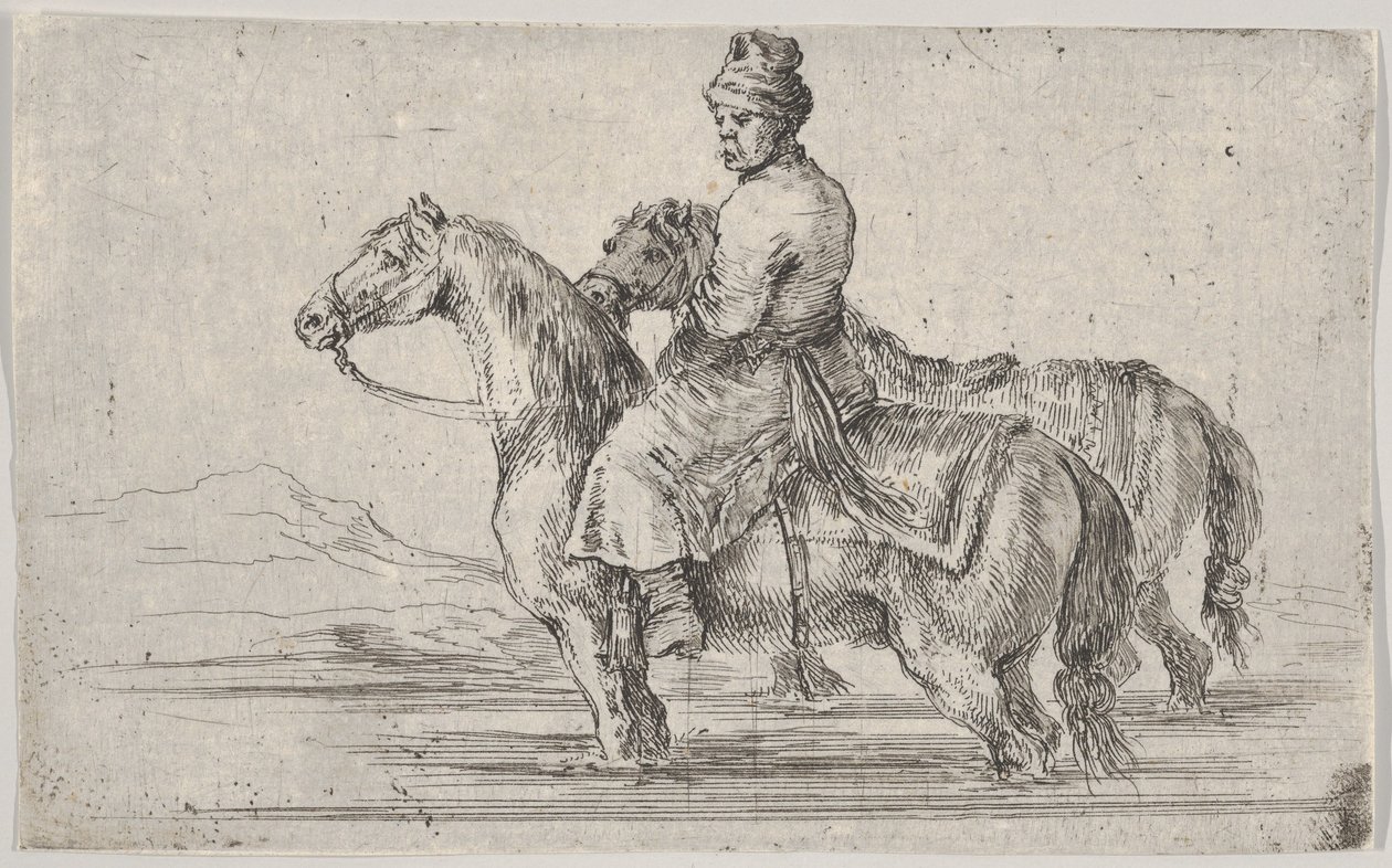 Palvelija vie kaksi hevosta uimaan, istuu yhden hevosen huipulla joessa, toisen vieressä..., n. 1662. tekijältä Stefano della Bella