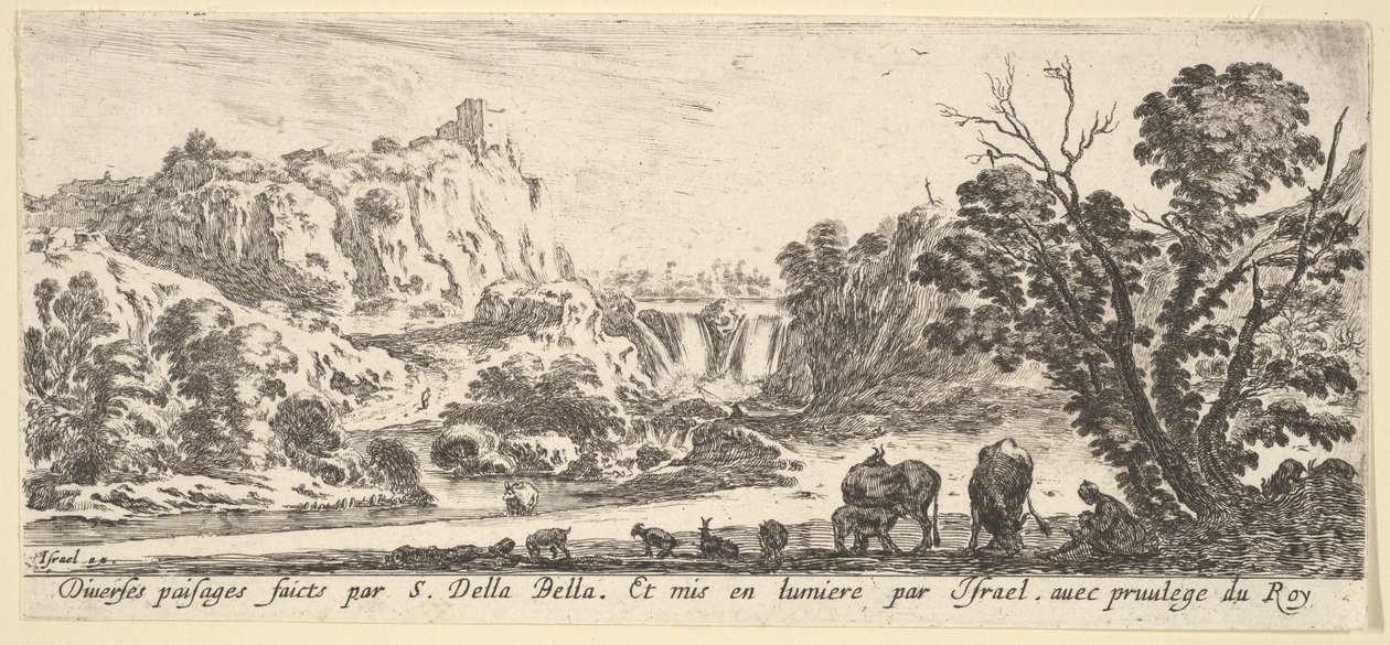 Keskellä taustalla vuorilta laskeutuva vesiputous, erilaisia eläimiä ja..., n. 1641. tekijältä Stefano della Bella