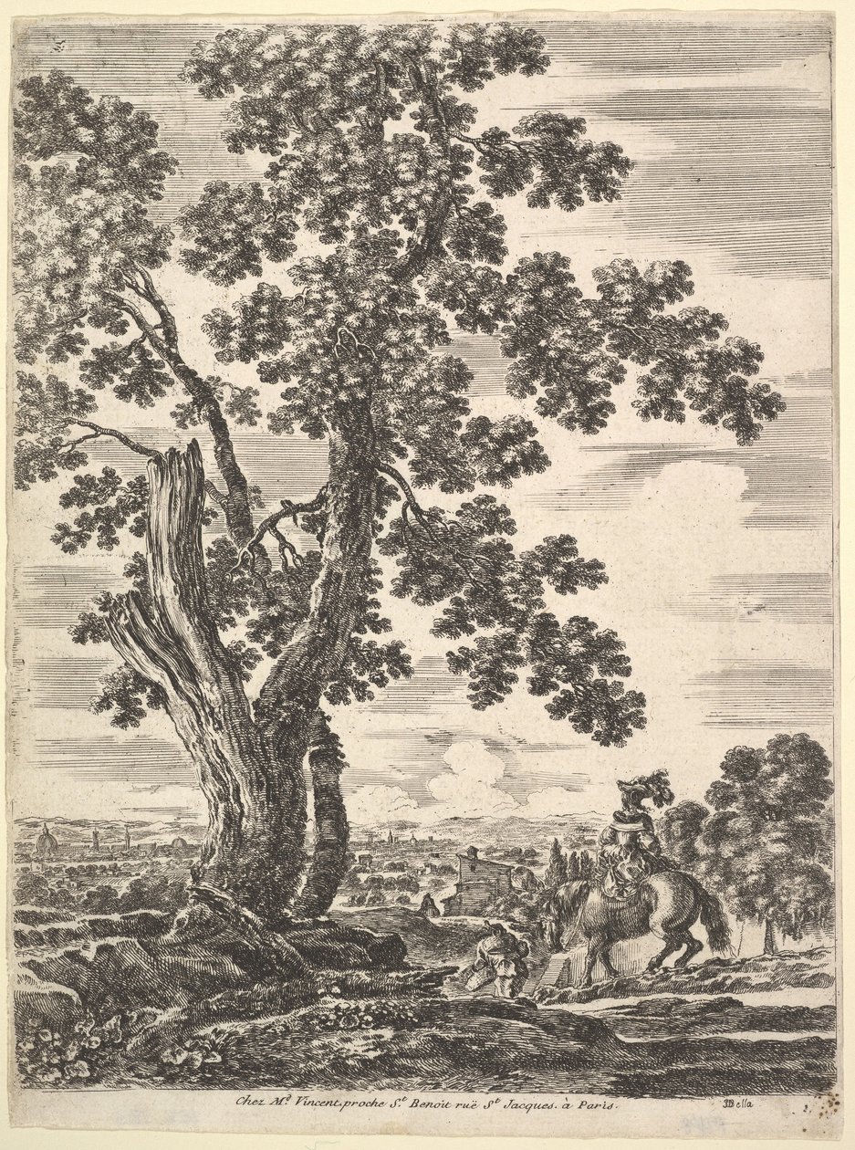 Nainen hevosen selässä takaa katsottuna laskeutumassa mäkeä oikealle, iso puu ..., n. 1652-57. tekijältä Stefano della Bella