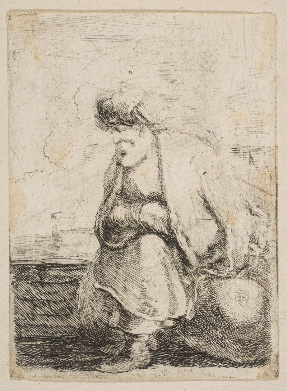 Vanha turkkilainen istuu kivellä, n. 1662. tekijältä Stefano della Bella