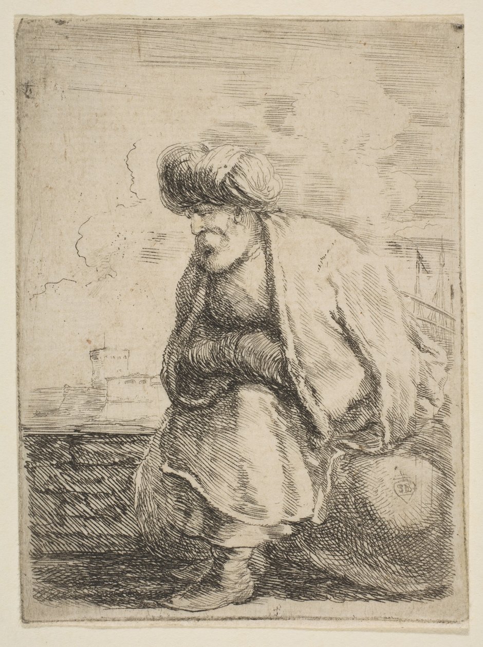 Vanha turkkilainen istuu kivellä, n. 1662. tekijältä Stefano della Bella