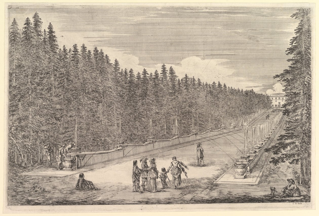 Suihkulähteiden kuja, ryhmä ihmisiä keskellä, mies ja koira istuivat oikealla, kaksi..., n. 1653. tekijältä Stefano della Bella