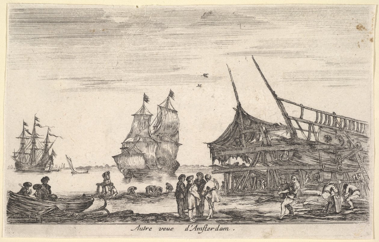 Toinen näkymä Amsterdamin Autre vue dAmsterdamiin, neljän miehen ryhmä seisoo keskellä ..., 1647. tekijältä Stefano della Bella