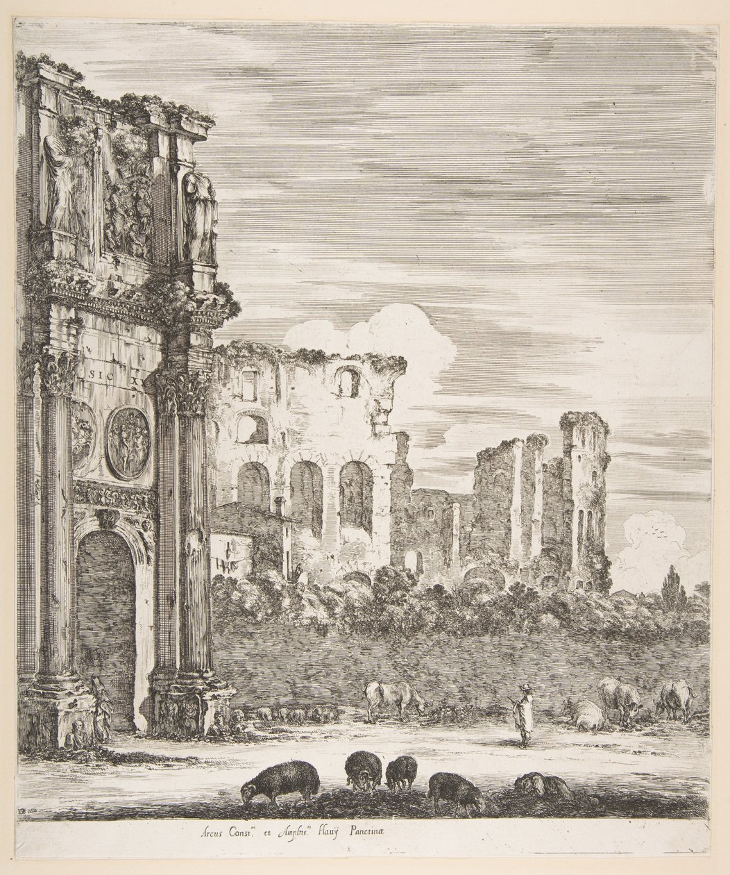 Konstantinuksen ja Colosseumin kaari, jossa lampaat laiduntavat etualalla, kuudelta suurelta näköalalta..., 1656. tekijältä Stefano della Bella
