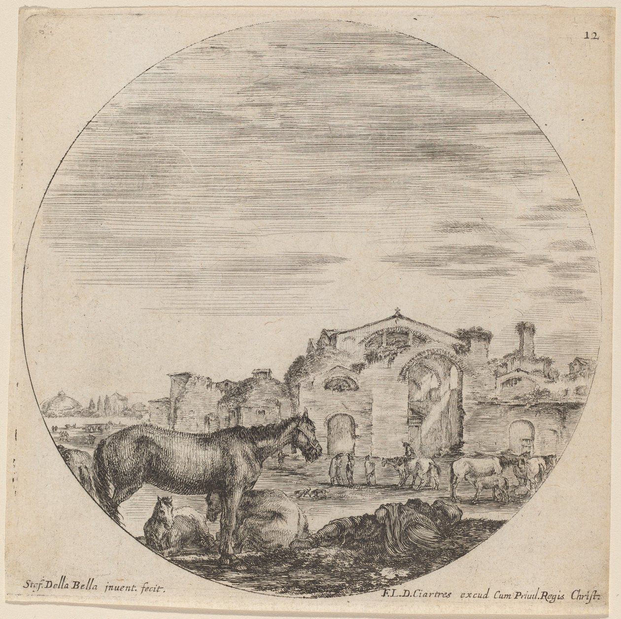 Diocletianuksen ja Nukkuvan paimenen kylpylät, 1646. tekijältä Stefano della Bella