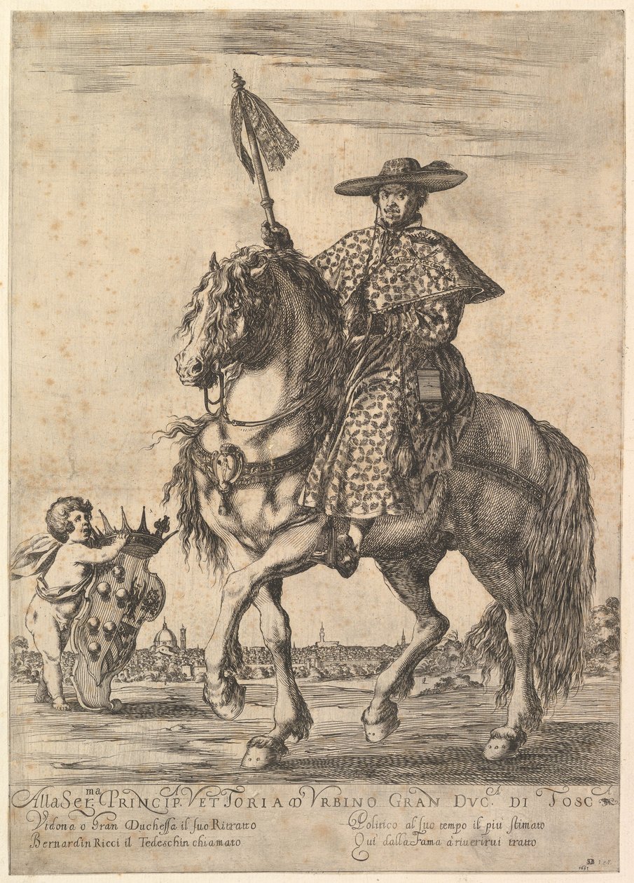 Bernardino Ricci, nimeltään il Tedeschino, keskellä hevosen huipulla, ratsastaa vasemmalle, v..., 1637. tekijältä Stefano della Bella