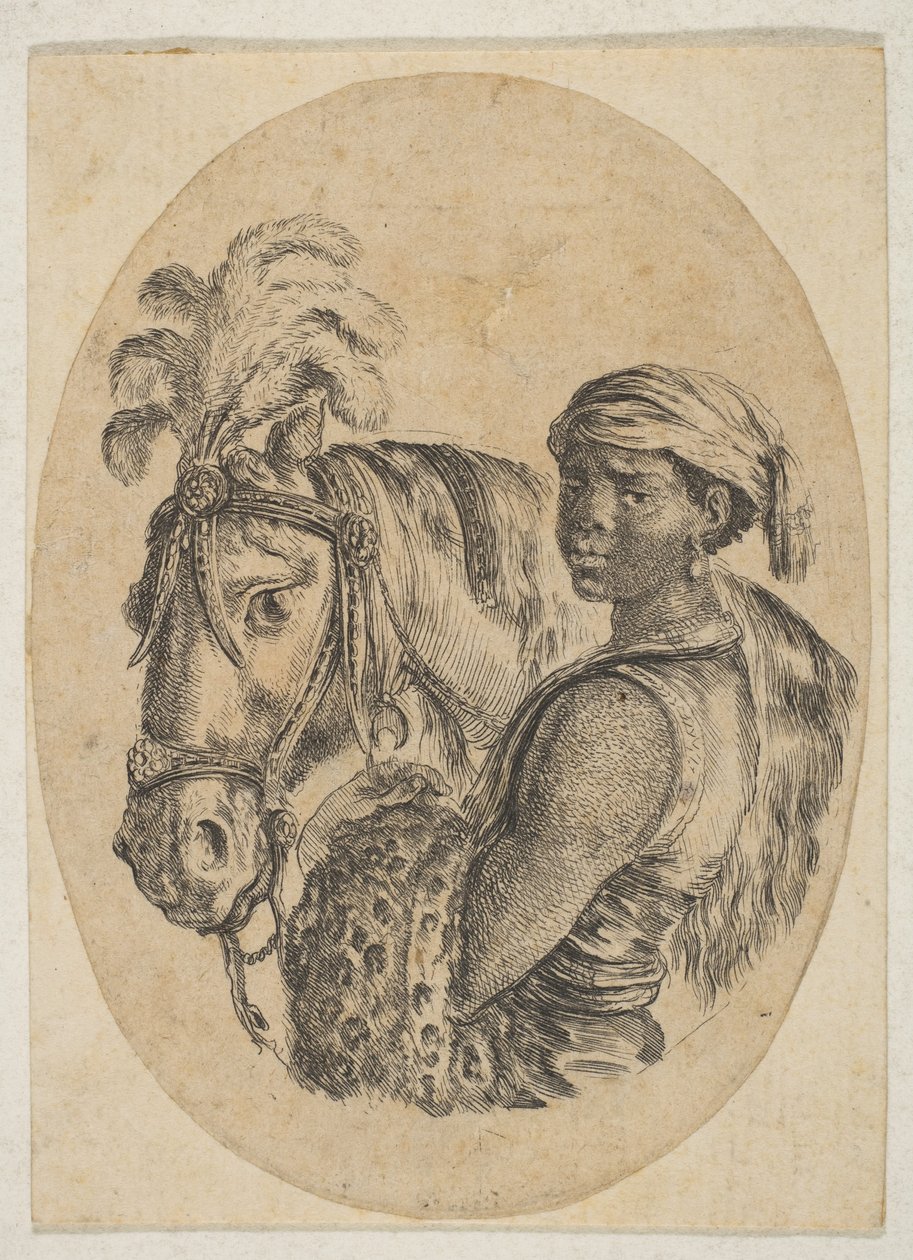 Musta orja kantaa leopardin nahkaa ja pitää hevosen suitset, useista päistä..., 1649-50. tekijältä Stefano della Bella