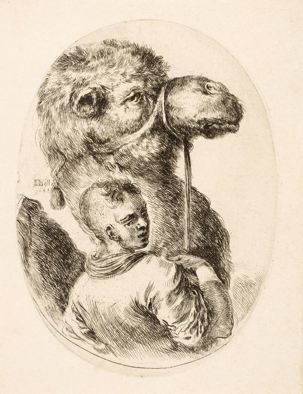 Poika pitelee kamelia suitseista, useista Heads Coiffées à la Persienne -pubista. vs. 1650 (kaiverrus) tekijältä Stefano della Bella
