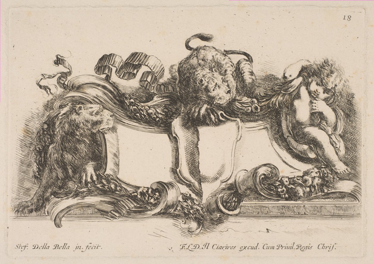Cartouche sisältää tyhjän kilven, jonka päällä on leijona ja jonka kehystävät leijona ja lapsi, 1646. tekijältä Stefano della Bella