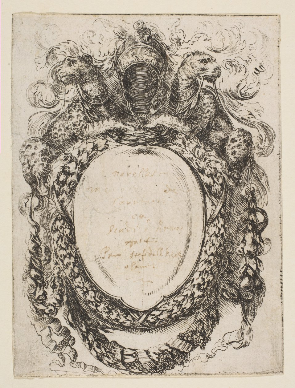 Kypärän ja leopardien kruunaama Cartouche, 1647. tekijältä Stefano della Bella