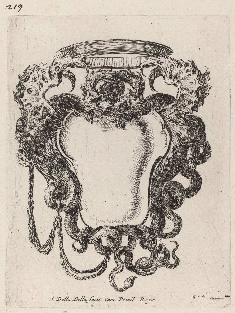 Lohikäärmeiden reunustama Cartouche, 1647. tekijältä Stefano della Bella