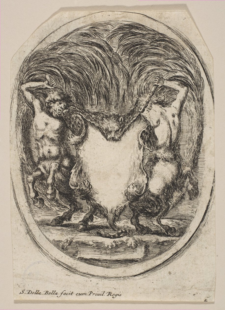 Kahden kentaurin reunustaman tiikerin ihon muodostama cartouche, 1647. tekijältä Stefano della Bella