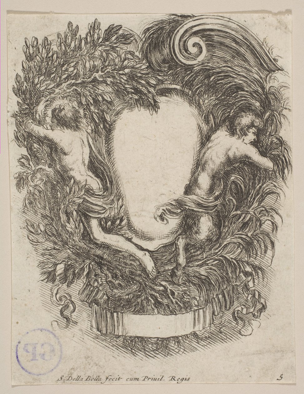 Apollon ja Panin kehystetty cartouche, 1647. tekijältä Stefano della Bella