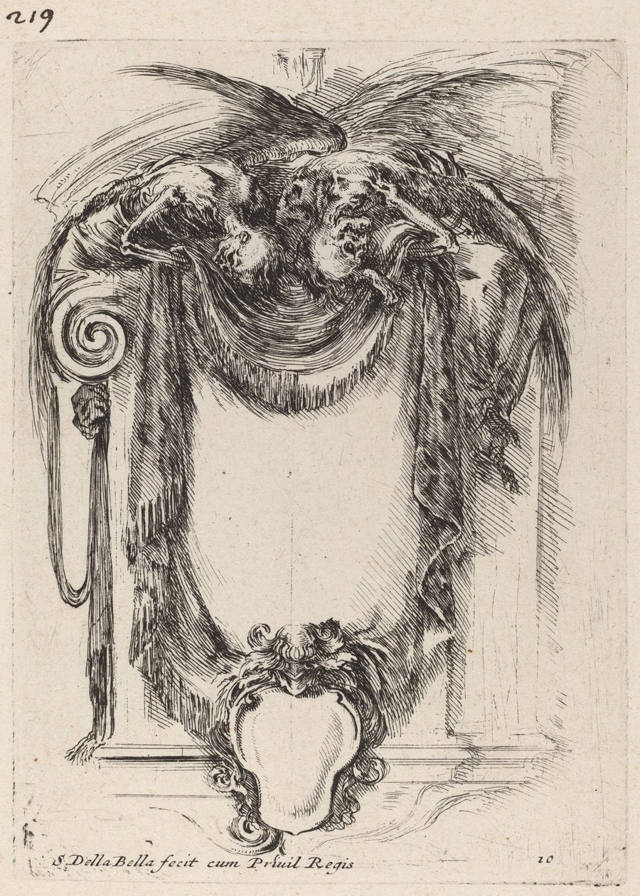 Cartouche ripustettu ruumiista, 1647. tekijältä Stefano della Bella