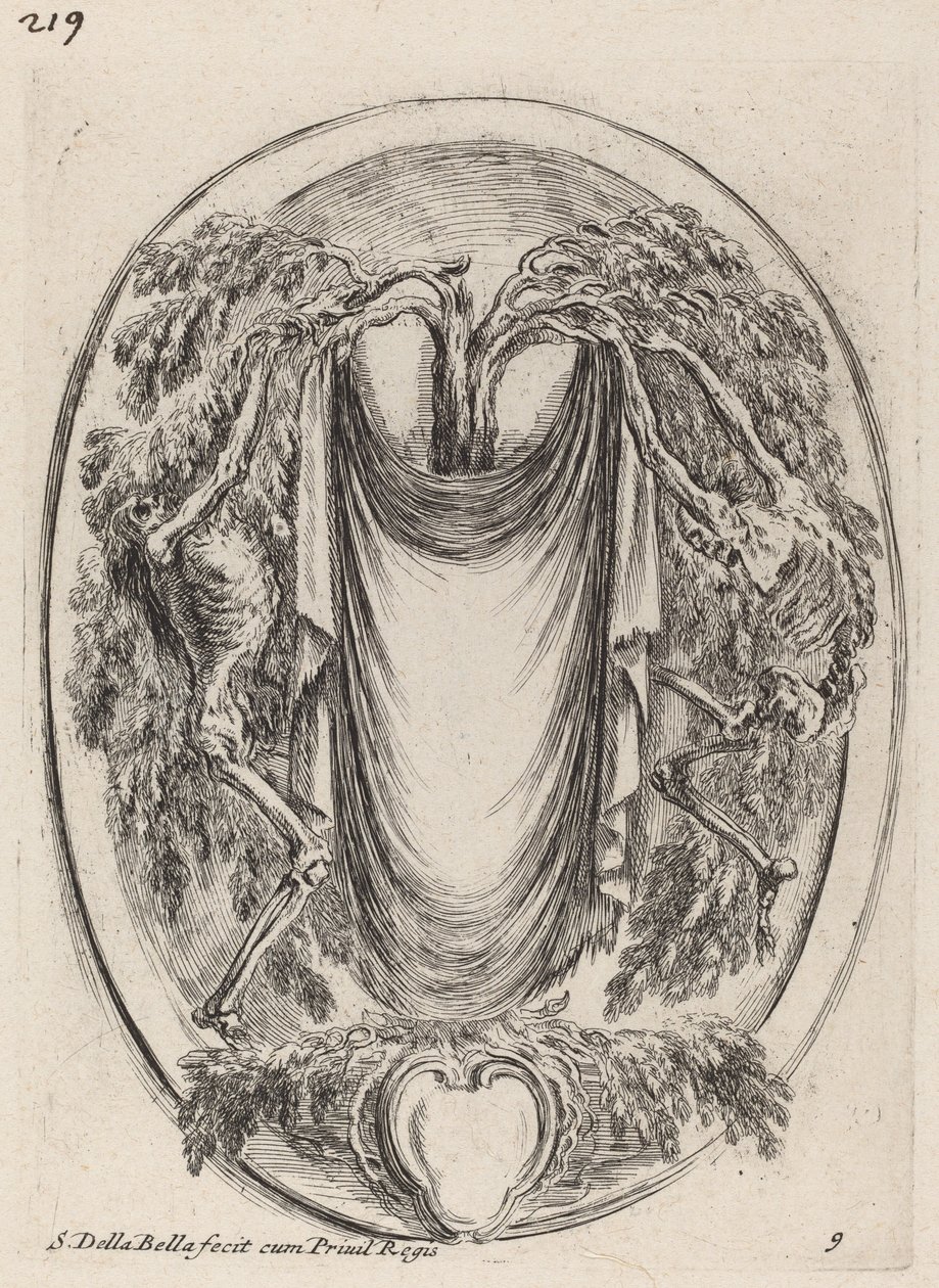 Cartouche verhon muodossa, joka on ripustettu sypressiin, jota reunustavat luurangot, 1647. tekijältä Stefano della Bella
