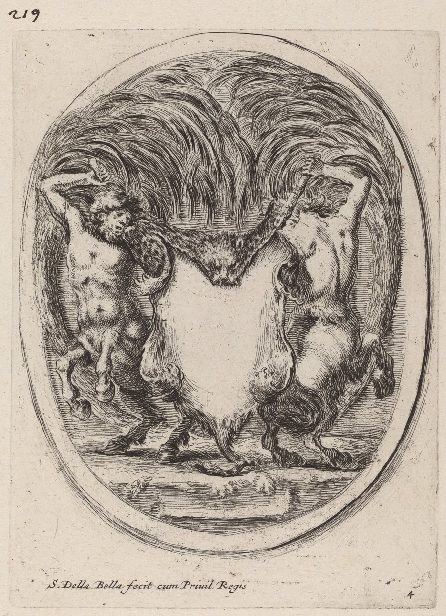 Kentaurien tukema cartouche nyljetyn tiikerin muodossa, 1647. tekijältä Stefano della Bella