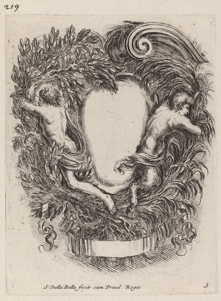 Cartouche Apollon ja Panin kanssa, 1647. tekijältä Stefano della Bella
