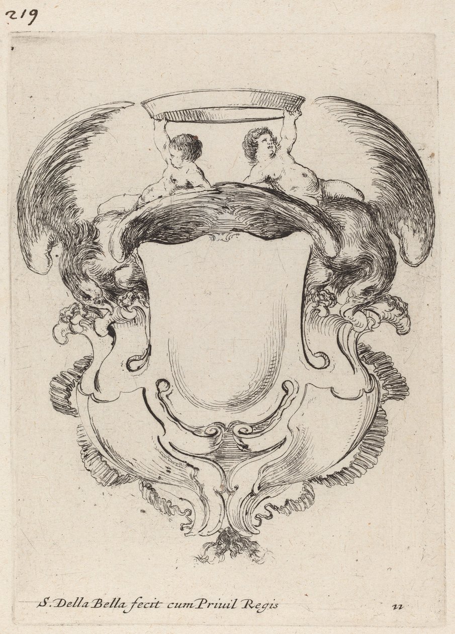 Cartouche kotkien ja kahden lapsen kanssa kruunua pitelemässä, 1647. tekijältä Stefano della Bella