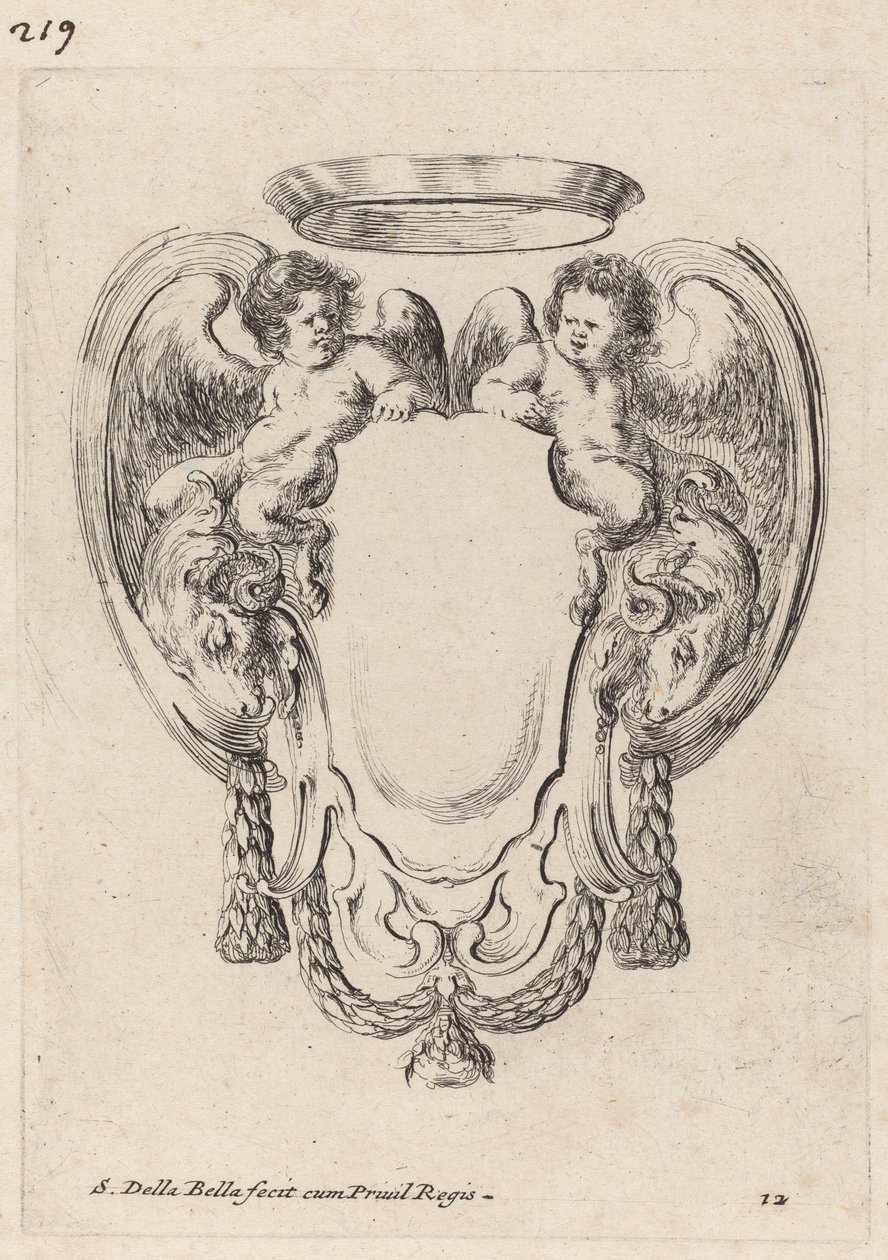 Cartouche oinasten ja lapsisatyyrien kanssa, 1647. tekijältä Stefano della Bella