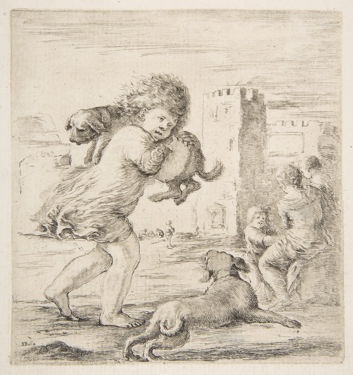 Lapsi kantaa pentua olkapäällään, n. 1662. tekijältä Stefano della Bella