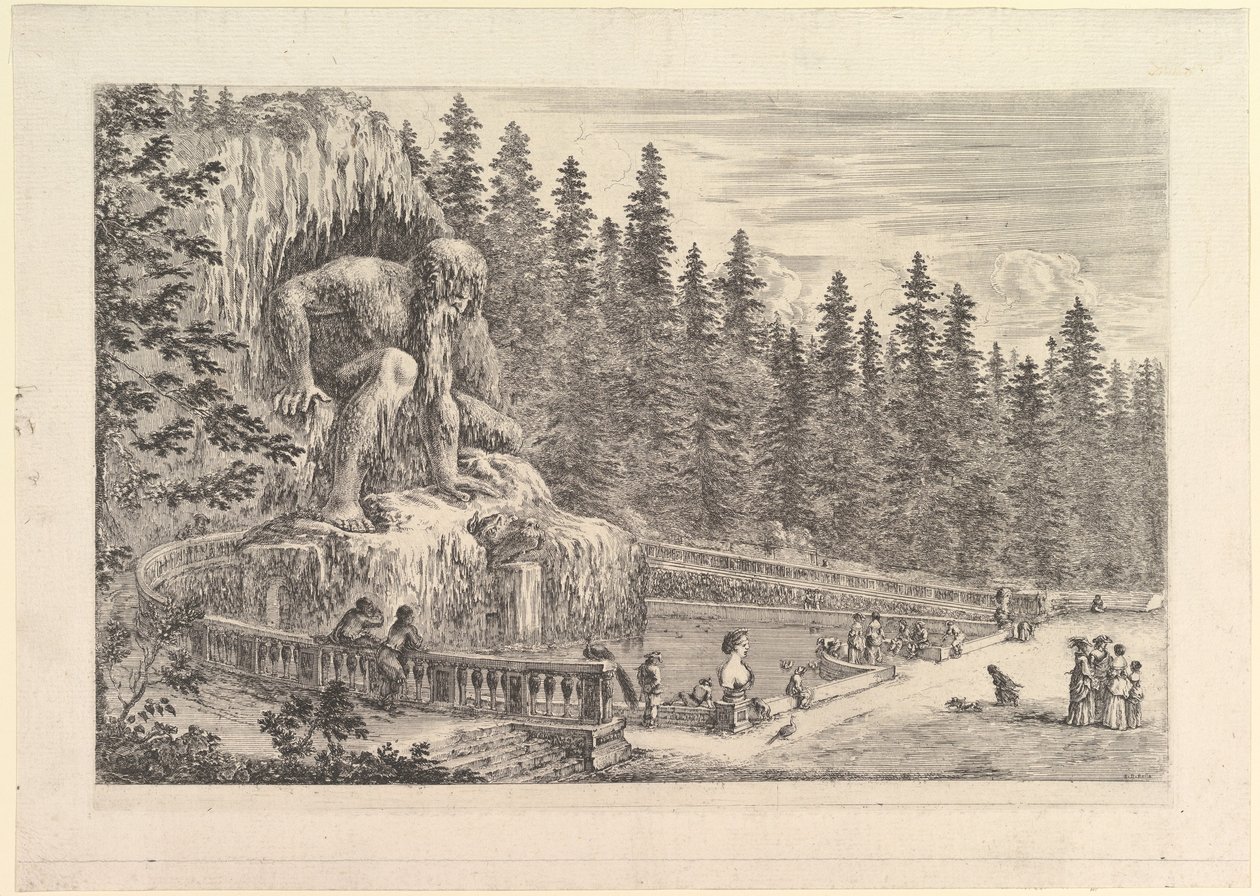 Vasemmalla Giambolognan luoma Appenino-patsas jättiläiskärynä..., n. 1653. tekijältä Stefano della Bella