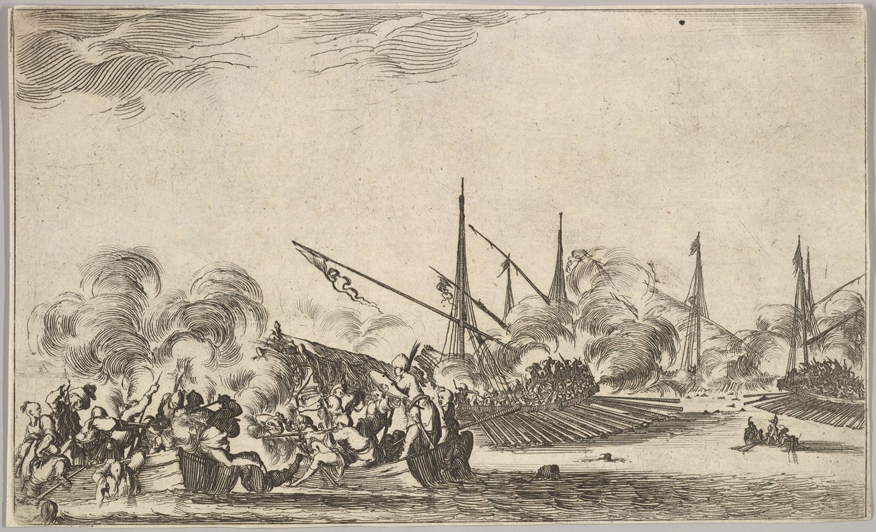 Taistelu useiden soutuveneiden ja laivojen välillä, kaksi miesryhmää soutuveneissä taistelevat vasemmalle..., 1639. tekijältä Stefano della Bella