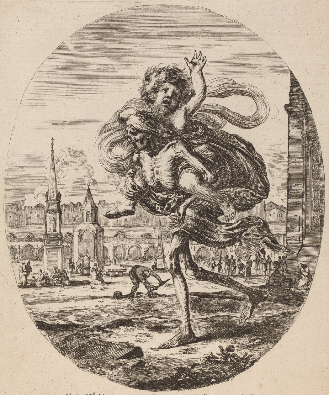 Kuolema kantoi lasta vasemmalle, luultavasti 1648. tekijältä Stefano della Bella