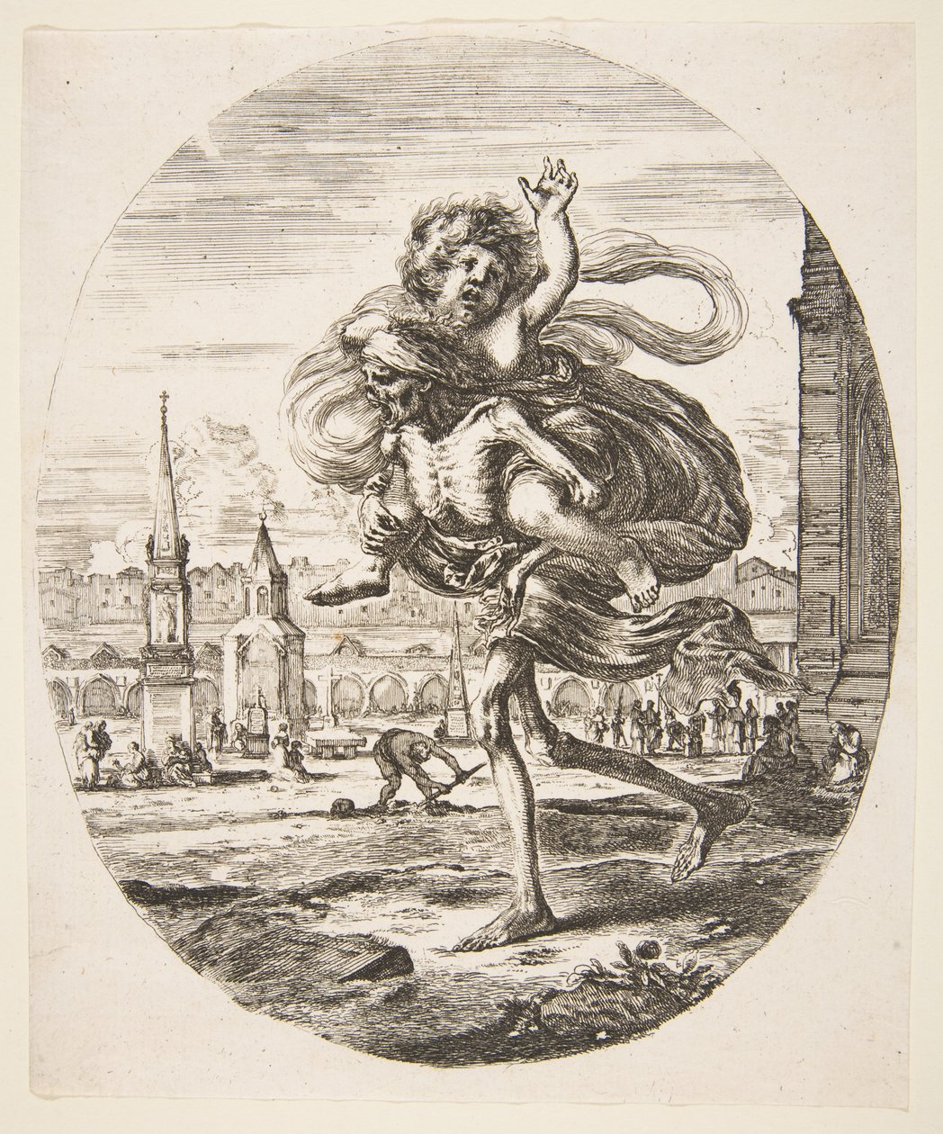 Kuolema kantaen lasta, viidestä kuolemasta Les cinq Morts, n. 1648. tekijältä Stefano della Bella