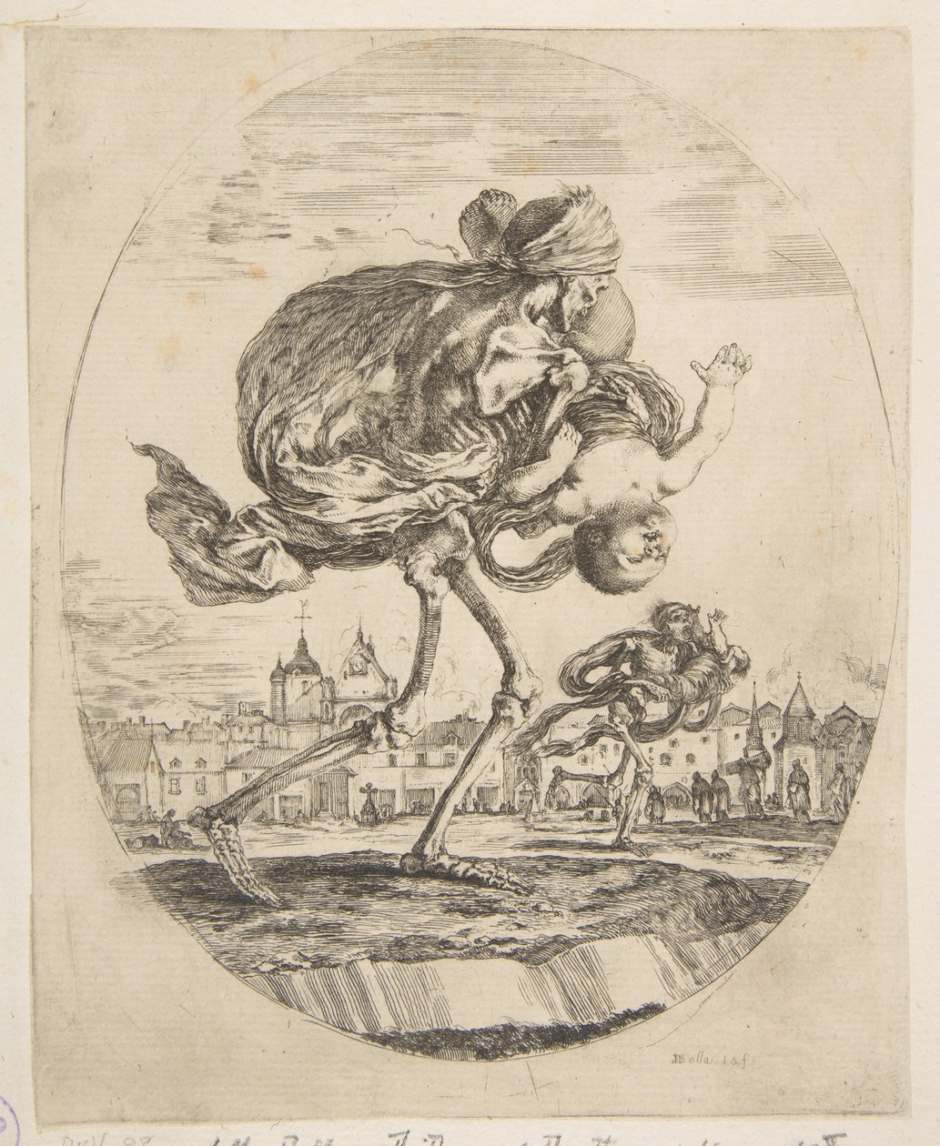 Kuolema, joka kantaa vauvaa, viidestä kuolemasta Les cinq Morts, n. 1648. tekijältä Stefano della Bella