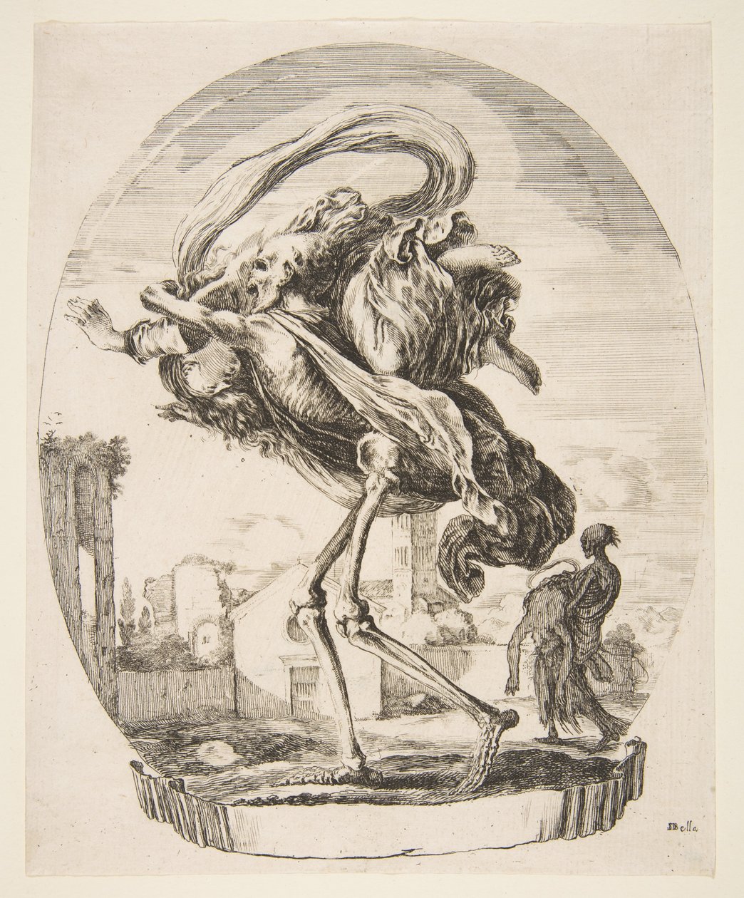 Kuolema, joka kantaa naisen, viidestä kuolemasta Les cinq Morts, n. 1648. tekijältä Stefano della Bella